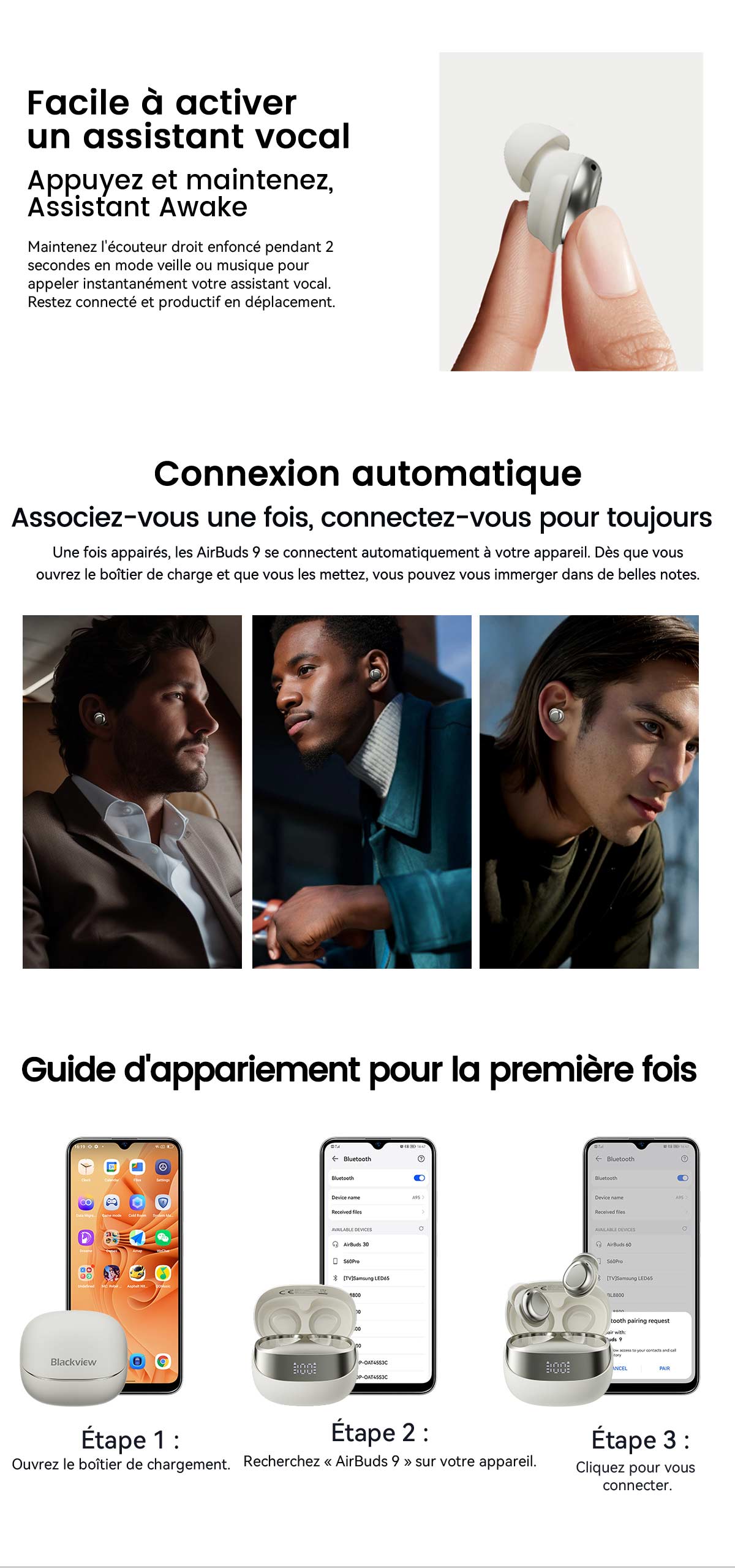 Écouteurs intra-auriculaires TWS Blackview AirBuds 9 avec mode veille