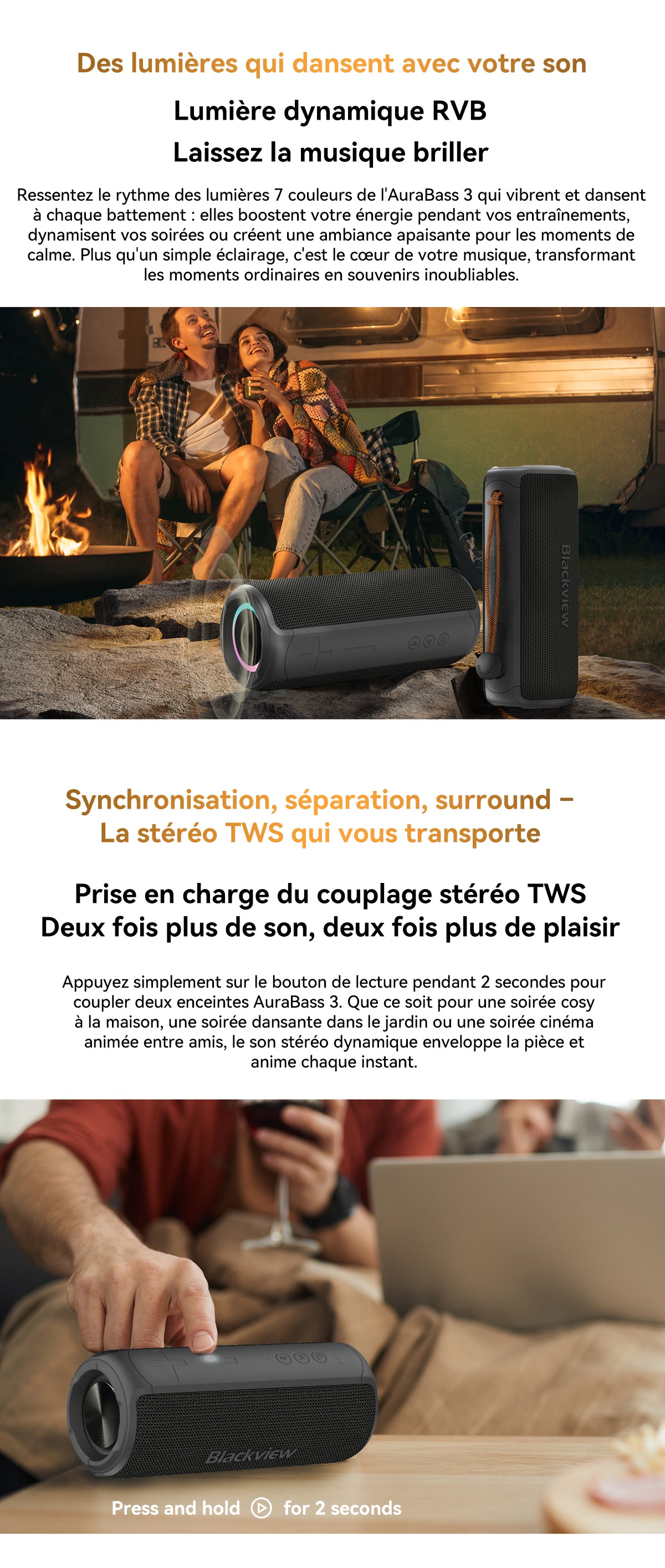 Enceinte stéréo Bluetooth portable d'extérieur Blackview AuraBass 3