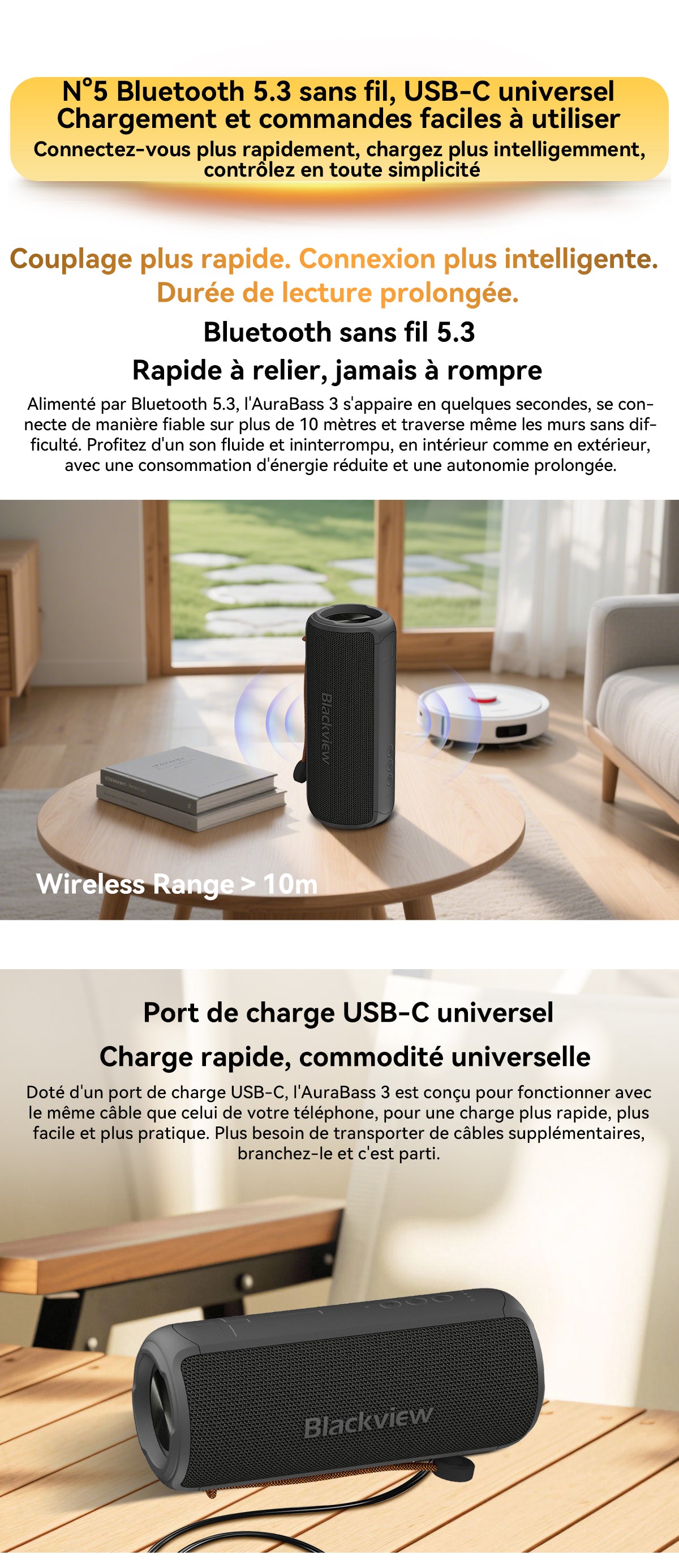 Enceinte stéréo Bluetooth portable d'extérieur Blackview AuraBass 3