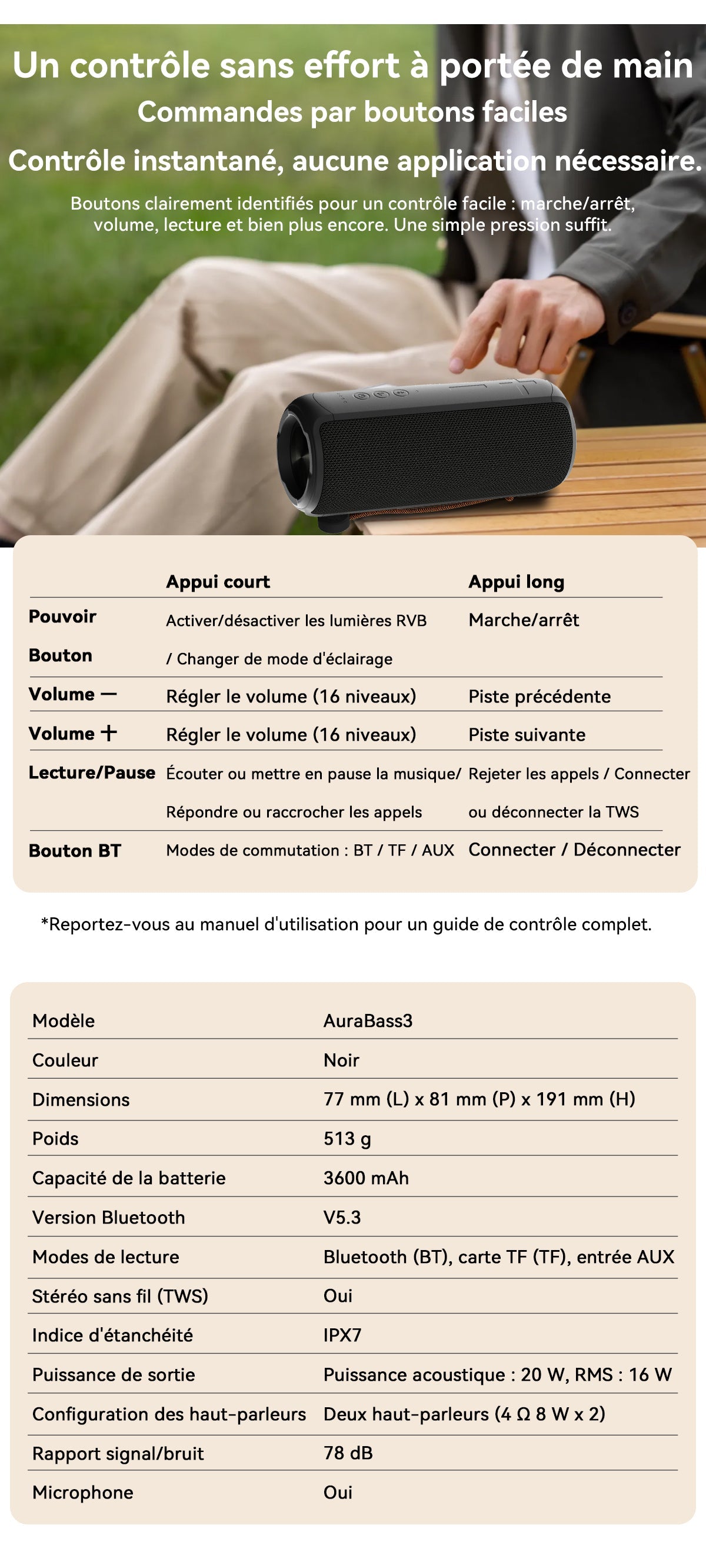 Enceinte stéréo Bluetooth portable d'extérieur Blackview AuraBass 3