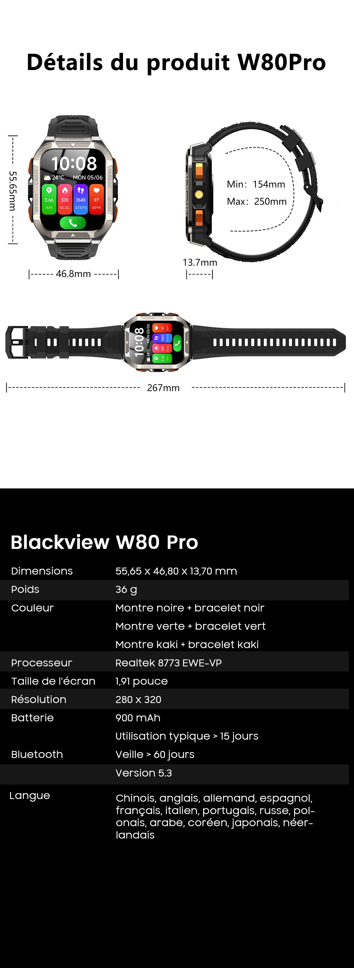 Montre connectée Blackview W80 Pro GPS pour sports de plein air